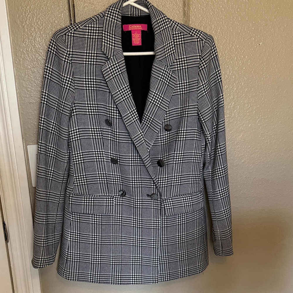 Catherine Malandrino Black and White Glen Plaid Double-Breasted Blazer